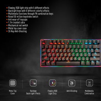 Porodo Mechanical Gaming Keyboard, Wired Backlight Effects, Anti-Ghosting Xinda Black Switch Keyboard, Double Injection Keycaps, USB Plug & Play Desktop Computer Keyboard (English/Arabic) - Black