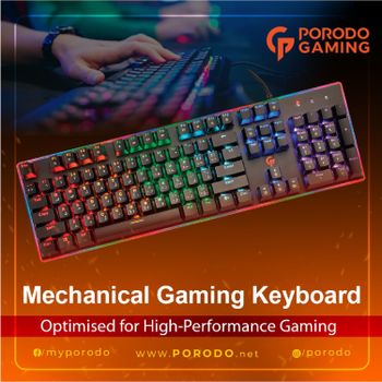 Porodo Mechanical Gaming Keyboard, Wired Backlight Effects, Anti-Ghosting Xinda Black Switch Keyboard, Double Injection Keycaps, USB Plug & Play Desktop Computer Keyboard (English/Arabic) - Black