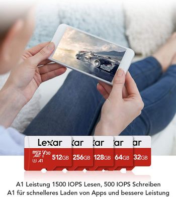 بطاقة ذاكرة Lexar Micro SD بسعة 256 جيجابايت، بطاقة ذاكرة فلاش microSDXC UHS-I مع محول - حتى 100 ميجابايت/ثانية، A1، U3، Class10، V30، بطاقة TF عالية السرعة