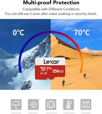 بطاقة ذاكرة Lexar Micro SD بسعة 256 جيجابايت، بطاقة ذاكرة فلاش microSDXC UHS-I مع محول - حتى 100 ميجابايت/ثانية، A1، U3، Class10، V30، بطاقة TF عالية السرعة