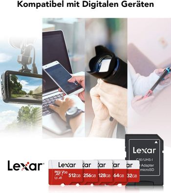 بطاقة ذاكرة Lexar Micro SD بسعة 256 جيجابايت، بطاقة ذاكرة فلاش microSDXC UHS-I مع محول - حتى 100 ميجابايت/ثانية، A1، U3، Class10، V30، بطاقة TF عالية السرعة