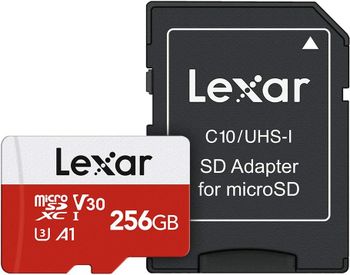 بطاقة ذاكرة Lexar Micro SD بسعة 256 جيجابايت، بطاقة ذاكرة فلاش microSDXC UHS-I مع محول - حتى 100 ميجابايت/ثانية، A1، U3، Class10، V30، بطاقة TF عالية السرعة