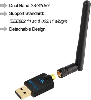 محول واي فاي لاسلكي USB ثنائي النطاق 5G/2.4G مع 2dBi AC 600Mbps هوائي خارجي بطاقة شبكة يدعم الكمبيوتر المكتبي واللابتوب وويندوز اكس بي وويندوز فيستا وويندوز 7 وويندوز 8 وويندوز 10 وماك او اس اكس