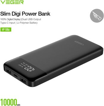 VEGER Slim power bank 10000mAh li-polymer external battery charge, LCD display portable power bank for IPhone,Samsung,Huawei  - Black