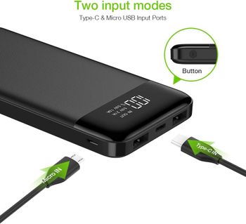 VEGER Slim power bank 10000mAh li-polymer external battery charge, LCD display portable power bank for IPhone,Samsung,Huawei  - Black