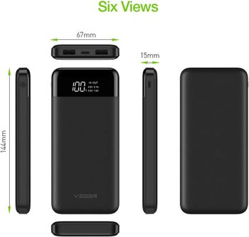 VEGER Slim power bank 10000mAh li-polymer external battery charge, LCD display portable power bank for IPhone,Samsung,Huawei  - Black