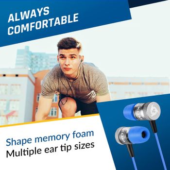 KLIM Fusion - In Ear Headphones with Mic + Excellent Audio Quality + Long-lasting EarBuds + Wired Headphones with Memory Foam Tips + 3.5 mm Jack + New 2021 + Blue