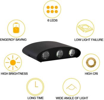 LED Wall Light, Eleyam Modern Aluminum Waterproof Outdoor and Indoor Wall Lamp 3000K Warm Light Directional 6-Light Up and Down, Black