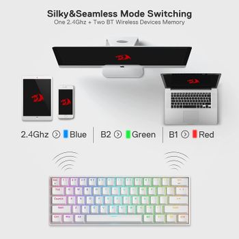 Redragon K530 Pro Draconic 60% Wireless RGB Mechanical Compact Gaming Keyboard, Bluetooth 2.4Ghz  3-Mode 61 Keys 100% Hot-Swap Socket, Free-Mod Plate Mounted PCB & Tactile Brown Switch - White