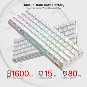 Redragon K530 Pro Draconic 60% Wireless RGB Mechanical Compact Gaming Keyboard, Bluetooth 2.4Ghz  3-Mode 61 Keys 100% Hot-Swap Socket, Free-Mod Plate Mounted PCB & Tactile Brown Switch - White