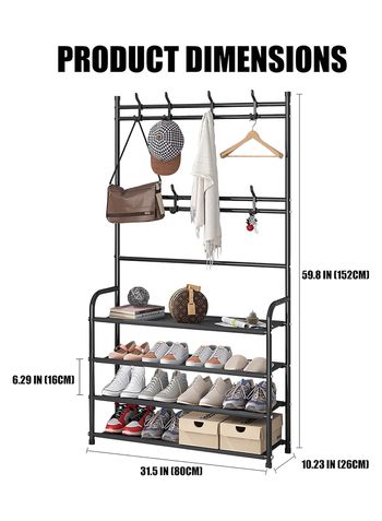 Multi-functional Shoe and Hat Rack for Entryway, Freestanding with 4-Tier Storage Shelves and 8 Double Hooks, for Living Room, Bathroom, Hallway