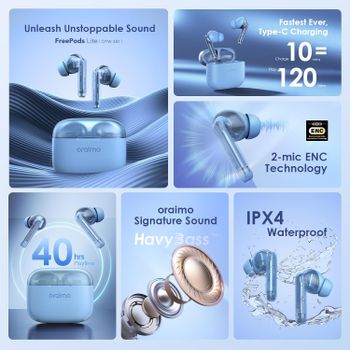 Oraimo Free Pads Lite Bluetooth Earphones 10mm Drivers with Big Bass True Wireless Earbuds 40H Playtime 2 Mics for AI Clear Calls 10mins Fast Charge Customize EQs via App Waterproof - Ice Lake Blue