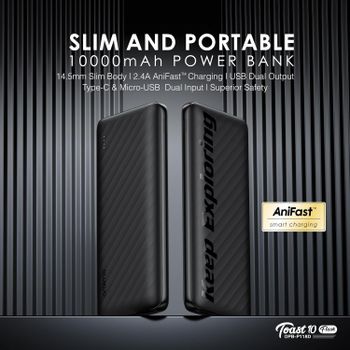 Oraimo Toast 10 Flash 10000mAh Power Bank with 12W Type C Fast Charging,USB & Type C Triple Output,Power Delivery, Type C &Micro Input,Multi-Layer Protection