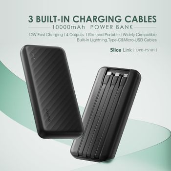 Oraimo Slice Link 10000mAh Power Bank with Built in Cables,12W Fast Charging,4 outputs& 2 inputs,Slim Portable Charger for iPhone and more1,000+ Devices,Multi-Layer Protection 12 watts | 10000mAh - Black