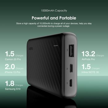 اورايمو باور بانك من سلايس لينك مع كيبلات مدمجة، باور بانك 10000mAh شحن سريع 12 واط، 4 مخارج ومدخلين، شاحن محمول نحيف لايفون واكثر من 1000 جهاز، حماية متعددة الطبقات - أسود