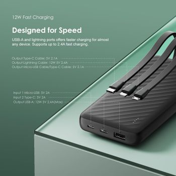 Oraimo Slice Link 10000mAh Power Bank with Built in Cables,12W Fast Charging,4 outputs& 2 inputs,Slim Portable Charger for iPhone and more1,000+ Devices,Multi-Layer Protection 12 watts | 10000mAh - Black