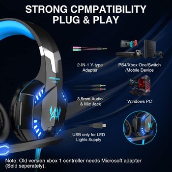 Versintech G2000 PC Gaming Headset with Volume Control, Stereo Over Ear Headphones with Microphone, Led lights for Laptop Notebook Desktop Computer Gamer - Blue