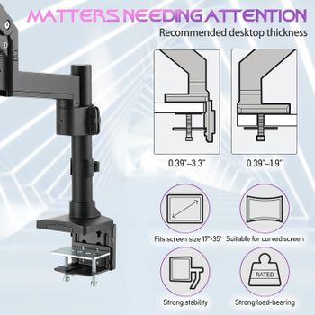 GAMEON GO-2038 Pole-Mounted Gas Spring Single Monitor Arm Stand And Mount For Gaming And Office Use 17" - 32" Each Arm Up To 9 KG - Black