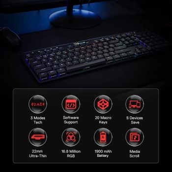 Redragon K618 Horus Wireless RGB Mechanical Keyboard, BT/2.4Ghz/Wired Tri-Mode Low Profile Gaming Keyboard w/Ultra-Thin Design, Dedicated Media Control & Linear Red Switch