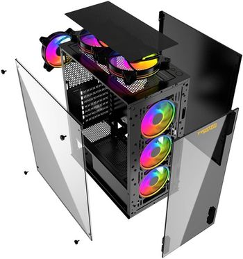 علبة كمبيوتر ألعاب تويستيد مايندس شوتر -03 ATX لوحة أمامية وجانبية من الزجاج المقسّى، 4 مراوح ARGB مثبتة مسبقًا مقاس 120 مم، مبرد يصل إلى 360 مم، فلتر غبار، USB 3.0 / USB 1.1، أسود | TM350-18