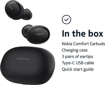 Nokia Comfort Earbuds – TWS-411 BK Wireless Bluetooth Earbuds with microphone for phone, laptop and tablet. Compatible with iOS and Android – IPX5 – Up to 29 hours with compact charging case – Black