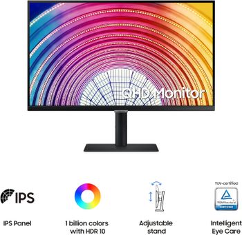 سامسونج شاشة كمبيوتر سلسلة S60A 27 انش WQHD 2560x1440، 75Hz، لوحة IPS، HDMI، HDR10 مليار لون، حامل قابل لتعديل الارتفاع، معتمد من تي يو في للعناية بالعين، LS27A600NWNXGO - اسود