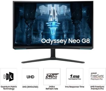 شاشة ألعاب منحنية 4K من سامسونج Odyssey Neo G8 BG850 مقاس 32 بوصة مع معدل تحديث 240 هرتز ووقت استجابة 1 مللي ثانية، وتقنية AMD FreeSync Premium Pro، وتقنية Quantum HDR 2000 - LS32BG850NMXUE