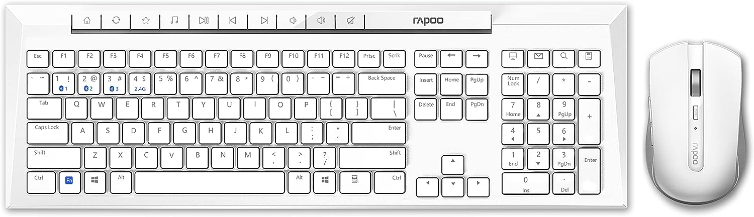 RAPOO 8210M Wireless Keyboard and Mouse Combo, Multi-mode connectivity connect up to 3 Devices simultaneously, BT5.0, BT 3.0 and 2.4 G | Adjustable DPI Optical Mouse English/Arabic Layout (White)