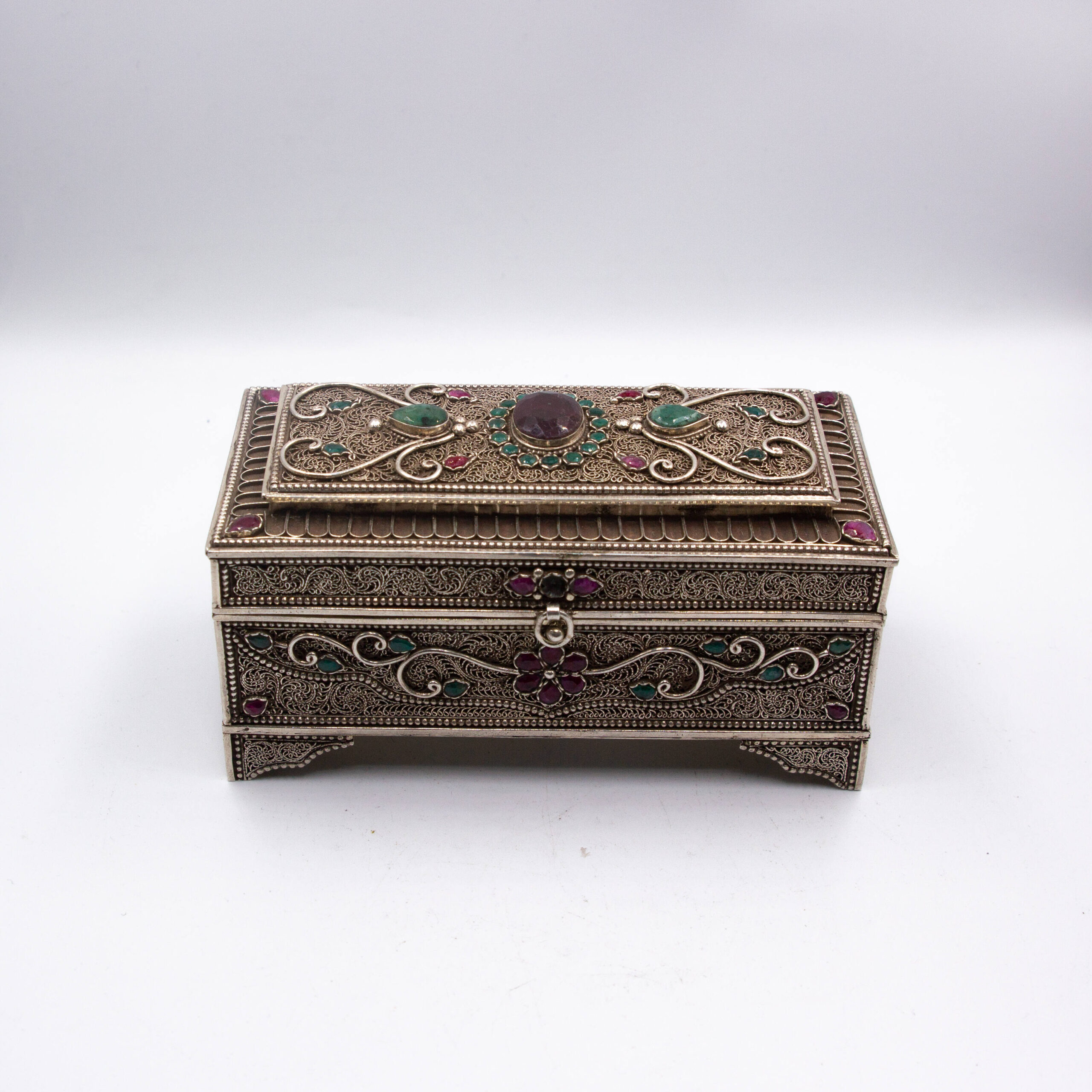 Exquisite Pure Silver Filigree Inlay Jewel Woman Jewelry Storage Box, Ruby And Emerald Gemstones Box