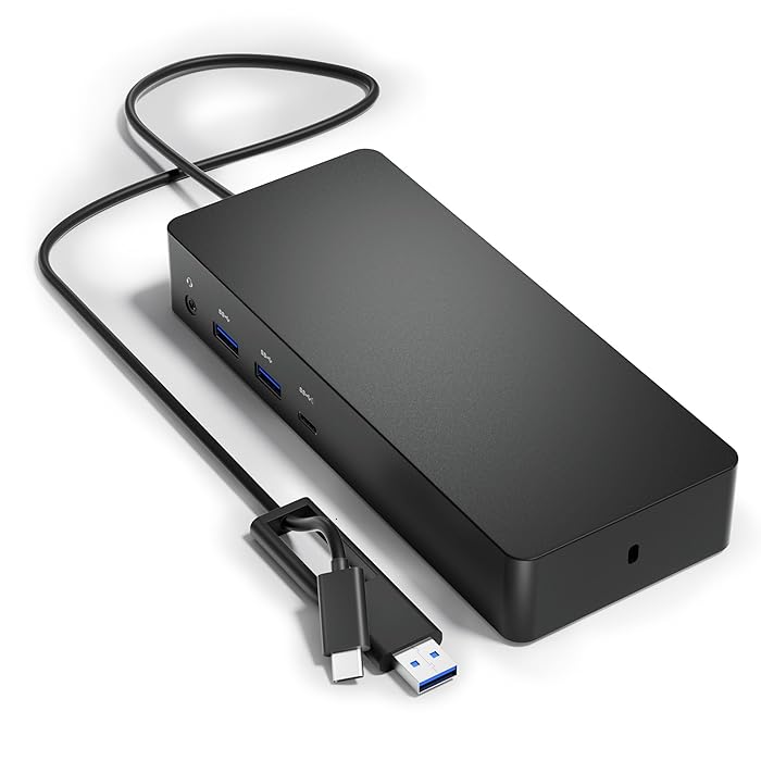 محطة الإرساء الشاملة من Dell D6000 Ultra 4K + مصدر طاقة (130 وات)،   محطة إرساء عرض USB 3.0 وUSB C ثلاثية 4K أو 5K فردية   مزود بمنفذي Displayport ومنفذ HDMI لنظامي التشغيل Windows وMac.