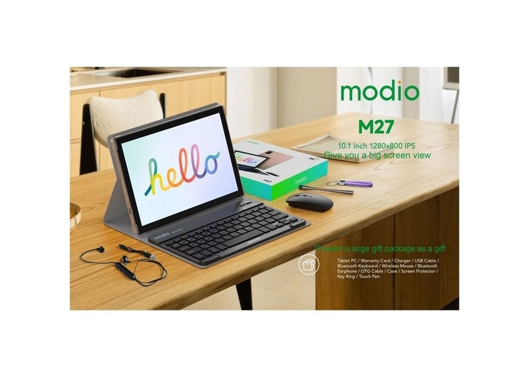 جهاز الكمبيوتر اللوحي Modio M27 بنظام Android 10.1 بوصة بشريحتين وكاميرا مزدوجة مع لوحة مفاتيح لاسلكية وماوس 8GB RAM 256GB ROM رمادي