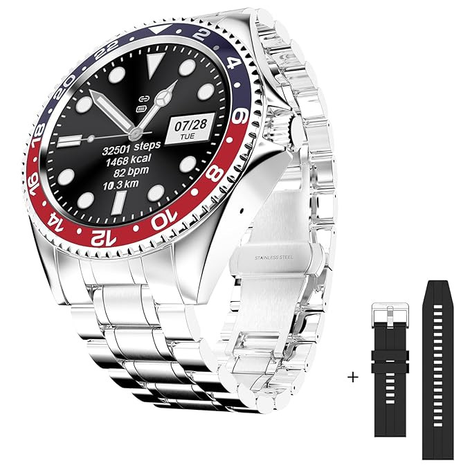 Fire-Boltt Quantum Luxury and Sporty Stainless Steel with Free Silicone Strap Smartwatch, 1.28 Inch Bluetooth Calling, 2 Looks in 1 Watch, High Resolution of 240 * 240 Px and TWS Connection - Black And Red