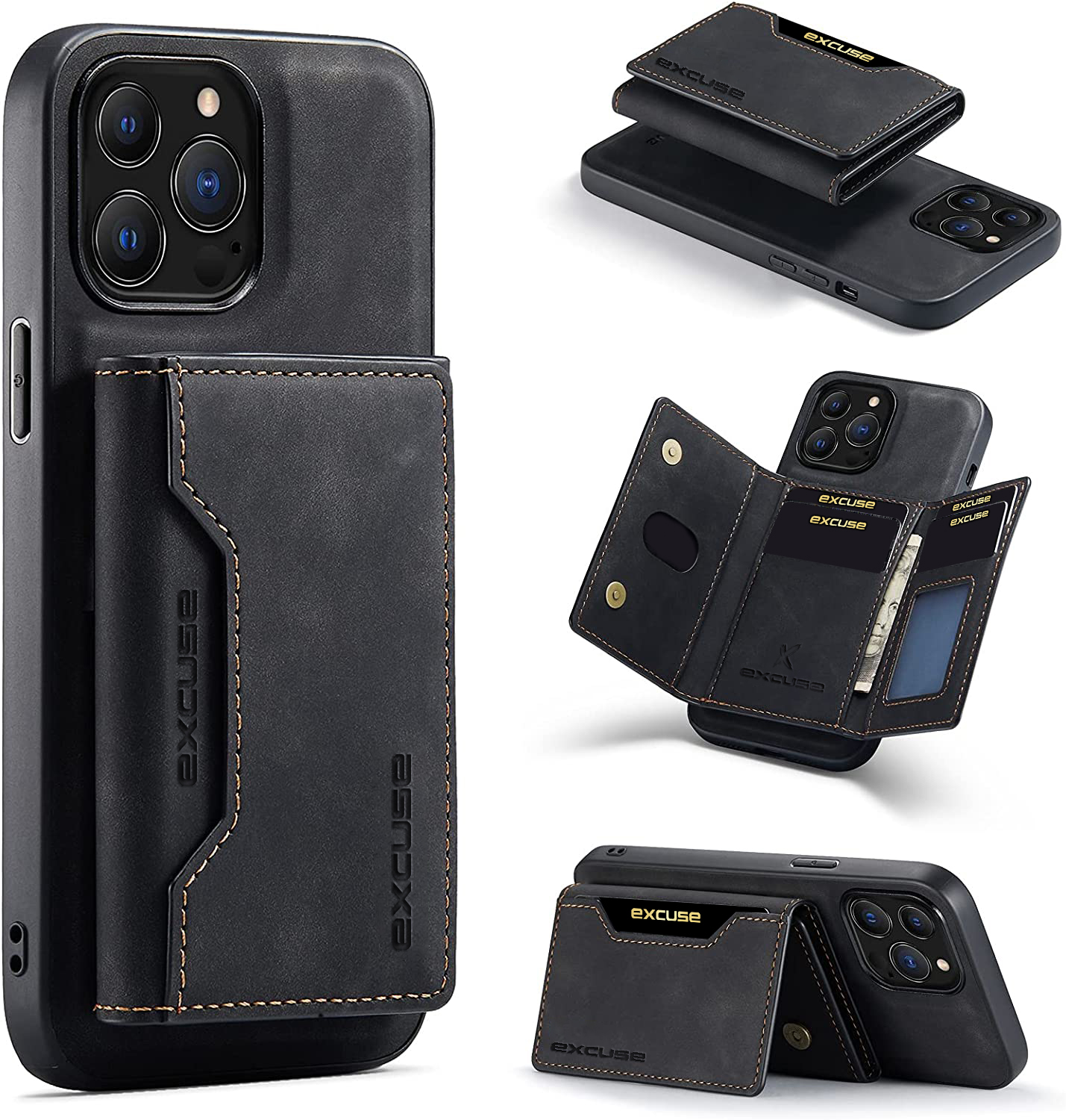 Premium Case Compatible with iPhone 14 Pro, DG.MING Premium Leather Phone Case Back Cover Magnetic Detachable with Trifold Wallet Card Holder Pocket for iPhone 14 Pro - Black