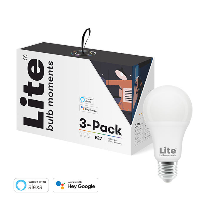 LITE BULB MOMENT A60 RGB LED Lamp 2700-6500K E27 8.5 Watts WiFi & Bluetooth - 3 Pack- White