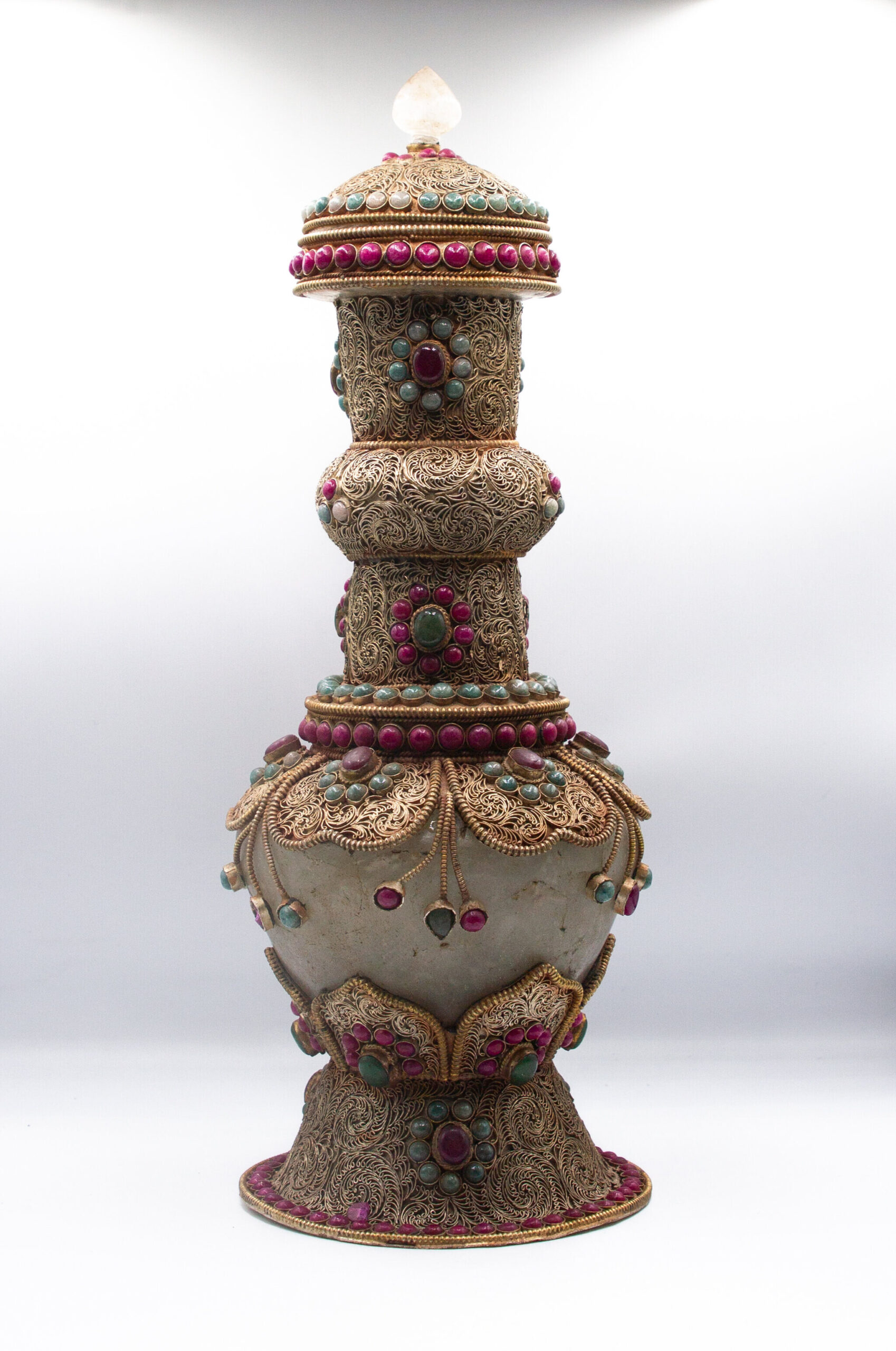 Antique Handcarved Crystal Filgree Flower Vase Home Decoration Silver Plated Inlay Jewelry Vase with Crystal quartz, Rubies and Emeralds Gemstones Handcrafted in Nepal