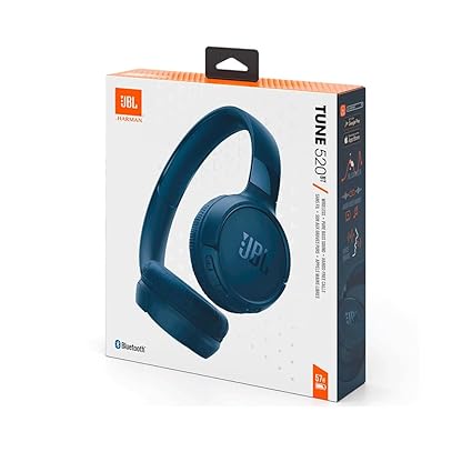 JBL Tune 520 BT Bluetooth On-Ear Headphone with Mic Pure Bass Sound, Up to 57H Battery Life - Blue