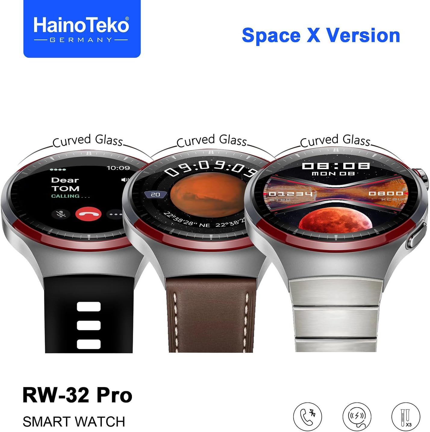 Haino Teko Germany RW32 Pro Space X Edition Round Shape Curved AMOLED Display Smart Watch With 3 Pair Straps, Tasbeeh, 5 Time Pray Alarm and Wireless Charger  - Silver