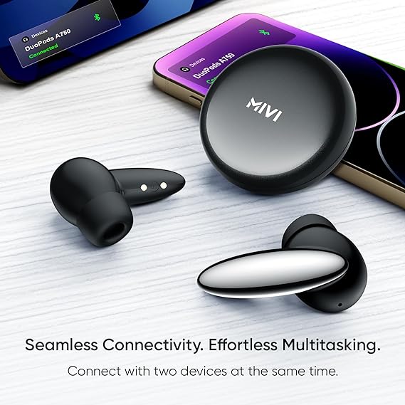 Mivi DuoPods A750 True Wireless Earbuds, 55+ Hrs Playtime, Multi Device Connectivity, AI-ENC for Call Clarity, Type C Fast Charging, Metallic Finish, 13MM Drivers, IPX 4.0 - Black