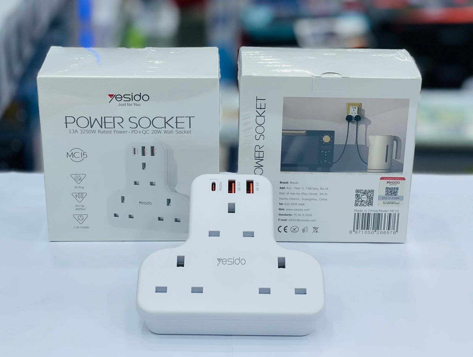 YESIDO Power Socket 6in1 3 AC 2 USB-A QC3.0 & USB-C PD 20W Multiport Wall Socket 3250W UK Plug