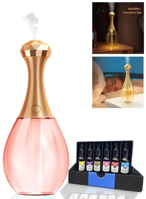 Perfume Bottle Design Ultrasonic Mini Humidifier USB Mute Home Car Aroma Mist Diffuser with LED Night Light