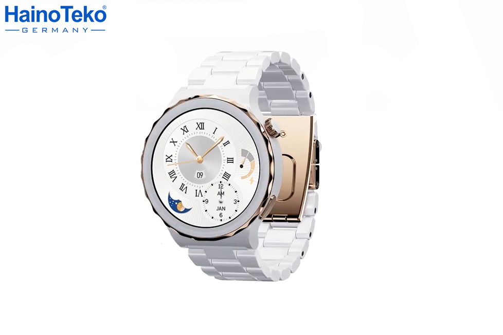 Haino Teko RW-15 Smartwatch Ceramic, 3 straps (Ceramic,Leather and Silicon), Heart Rate Sensor, Wireless charger, Battery Backup 1-2 Days Normal Usage, Bluetooth, Screen Size 46 mm