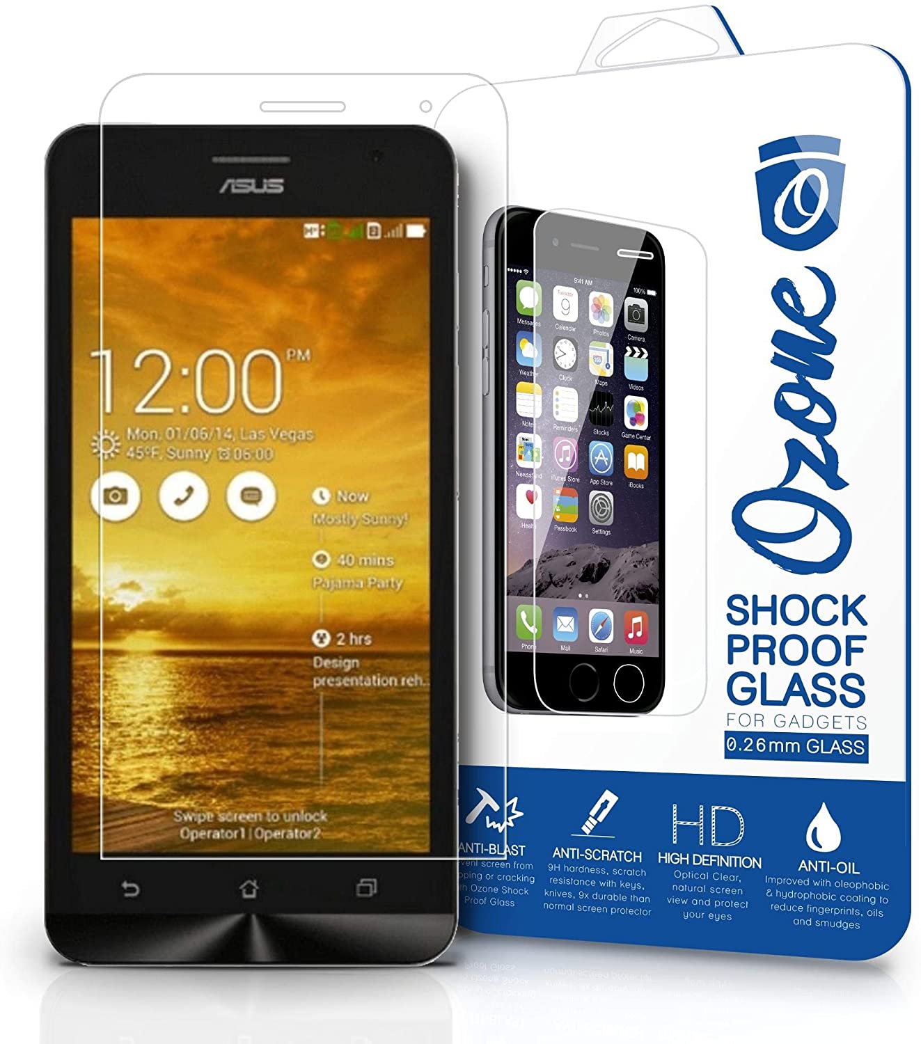 Ozone Asus Zenfone 5 0.26mm Shock Proof Tempered Glass Screen Protector/Clear/One Size