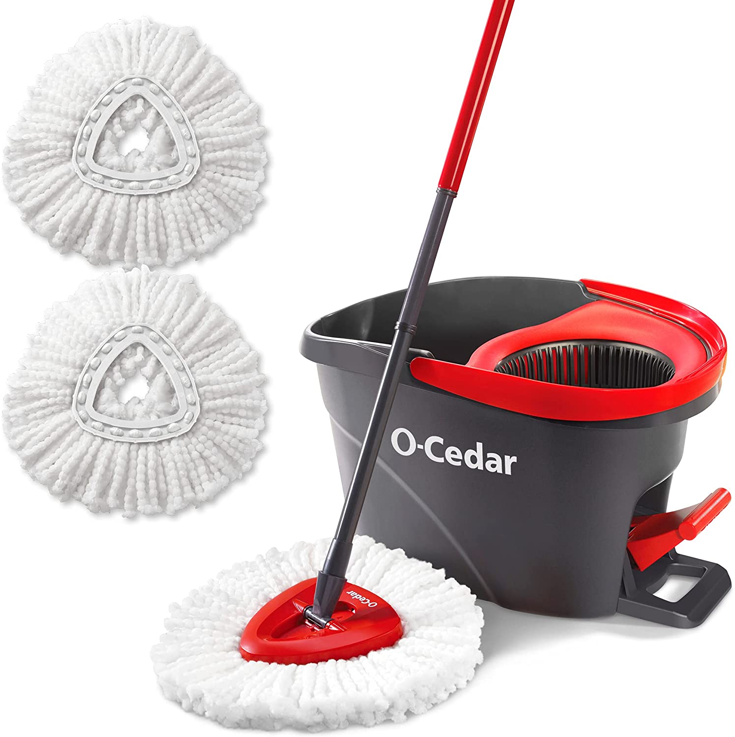 O-Cedar EasyWring Microfiber Spin Mop & Bucket Floor Cleaning System + 2 Extra Refills, Red/Gray