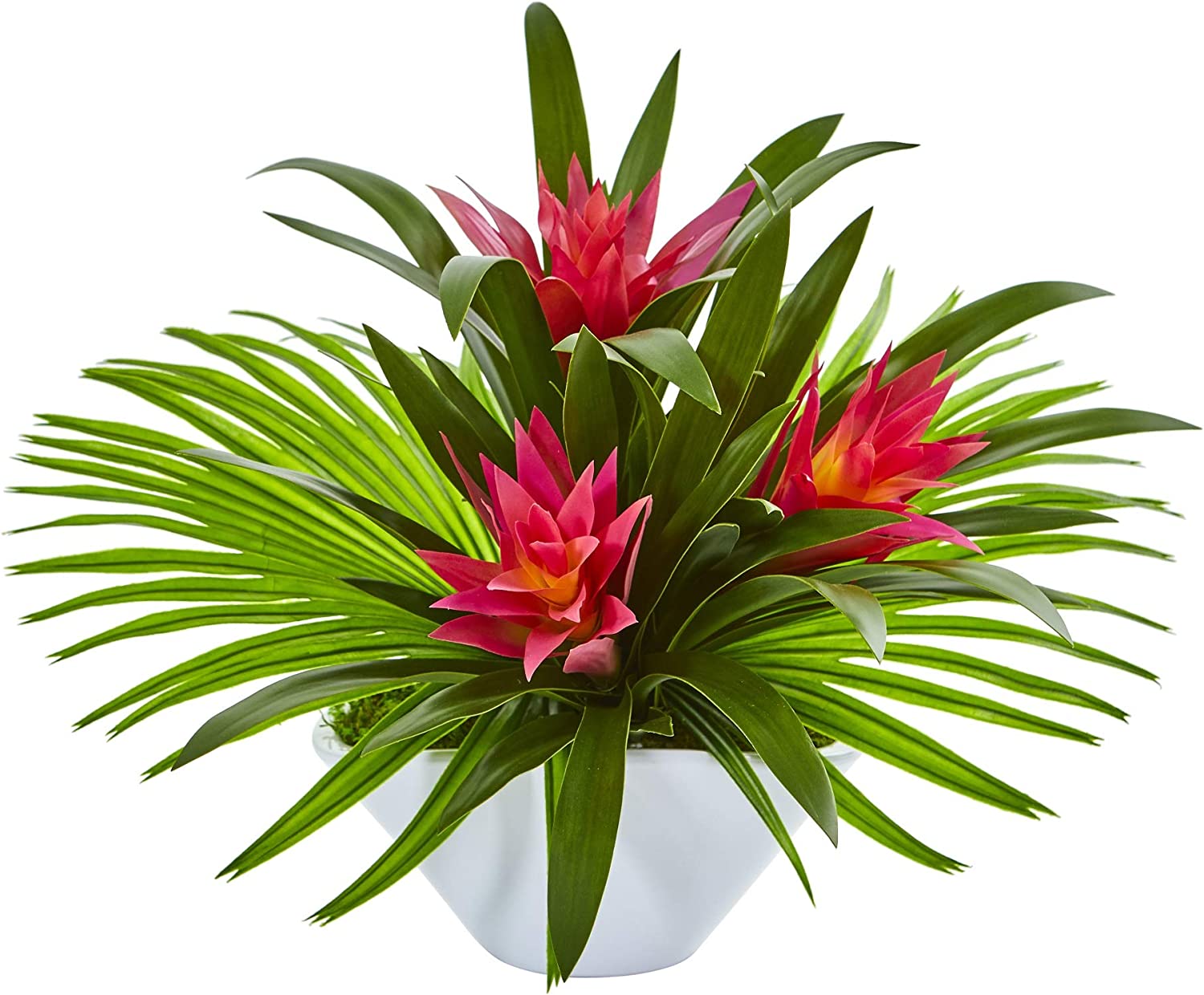 مزهرية صناعية بيضاء بيضاوية من Bromeliad طبيعية تقريبًا من الحرير الأحمر/ متعدد الألوان