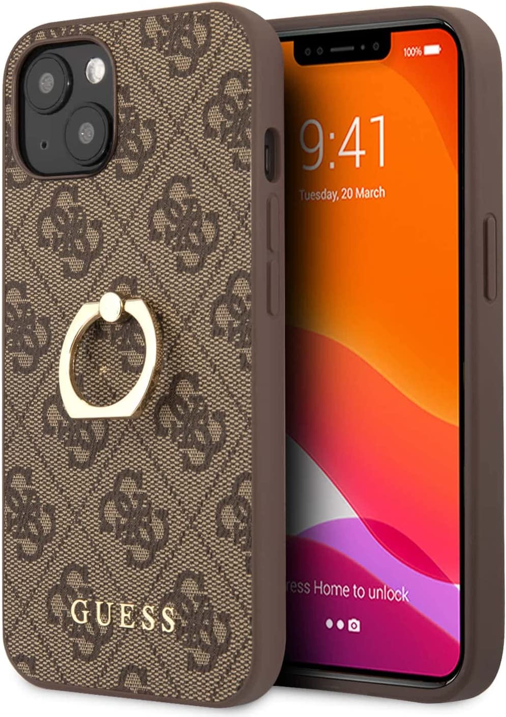 Guess Pu Leather 4G Case With Ring Stand For Iphone 13 Mini (5.4 Inches) - Brown