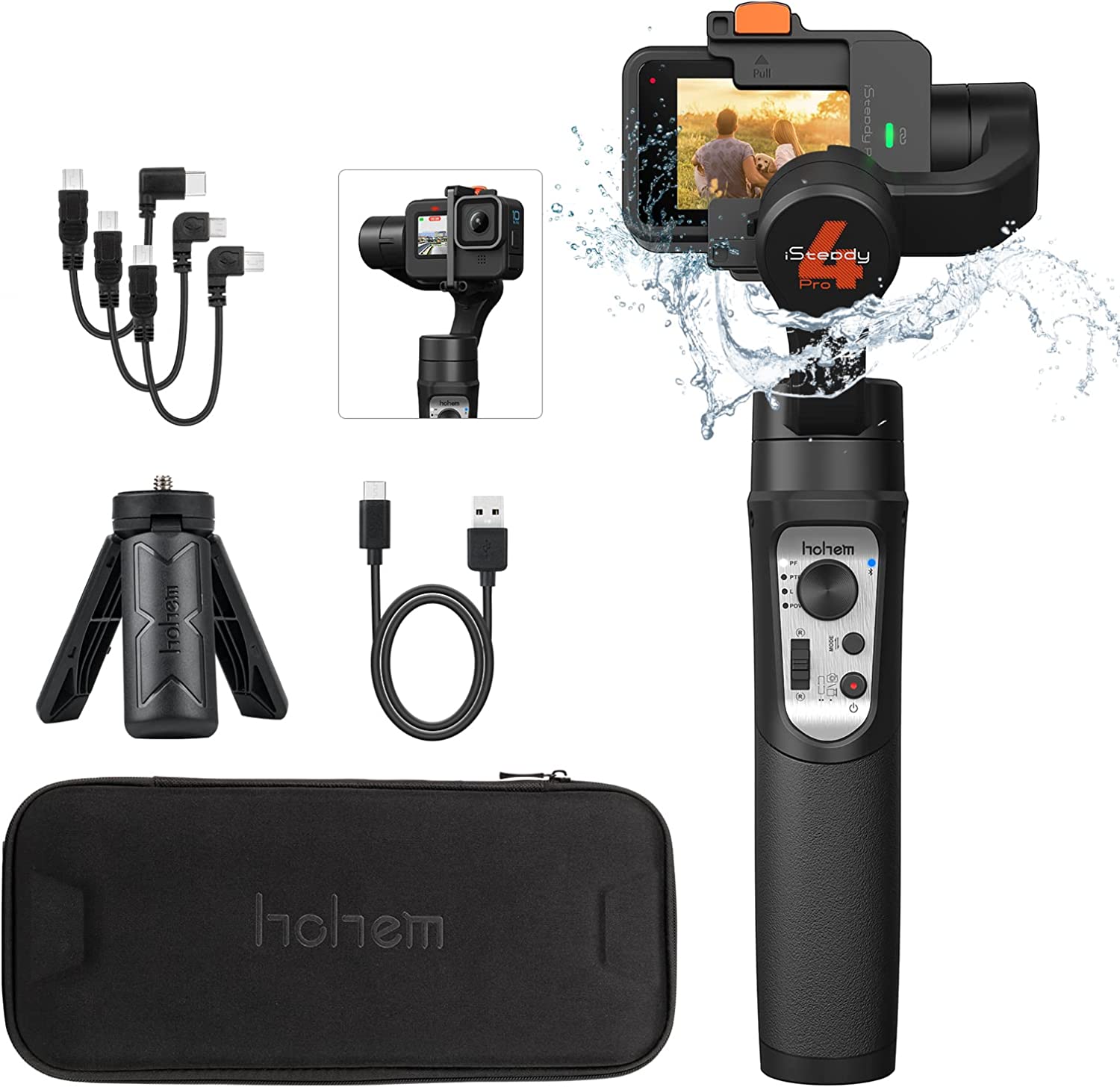 Hohem IPX4 Splash-Proof 3-Axis Handheld Gimbal i-Steady Pro 4 for GoPro 10 9 8 7 6 5 4 Action Cameras and Other Action Cameras with Control Cable