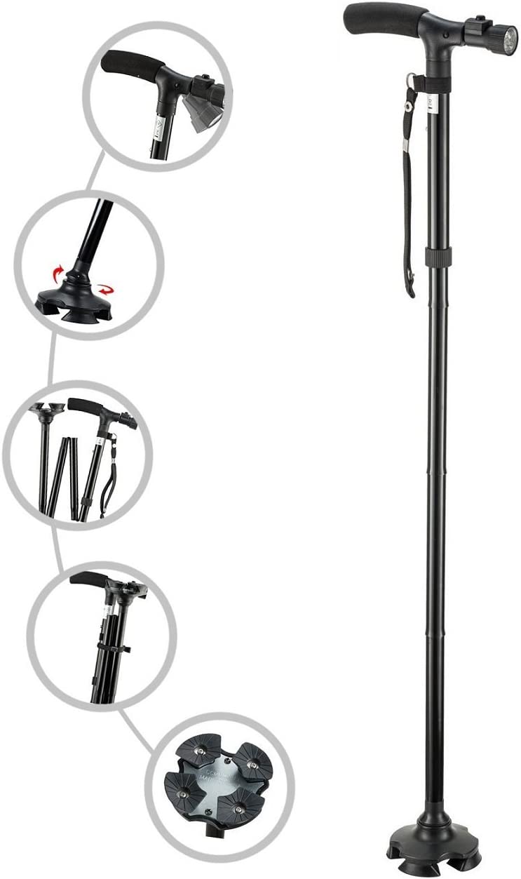 Folding Cane with Led Light, Adjustable Canes and Walking Sticks for Men and Women, Walking Cane Stick for Elderly with Cushion T Handle and Pivoting Quad Base for Hiking Mountain Climbing Backpacker