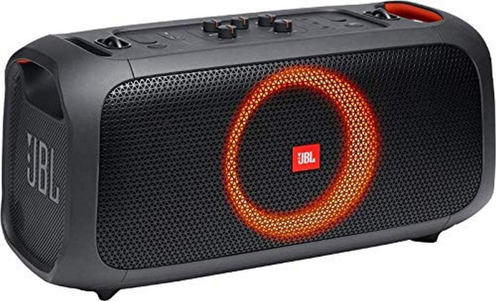 JBL PartyBox On-The-Go - Portable Party Speaker with Lighting and Wireless Microphone, 100 W Output Power, IPX4, 6 Hours Playing Time, Shoulder Strap, for Practice and Karaoke Parties, in Black