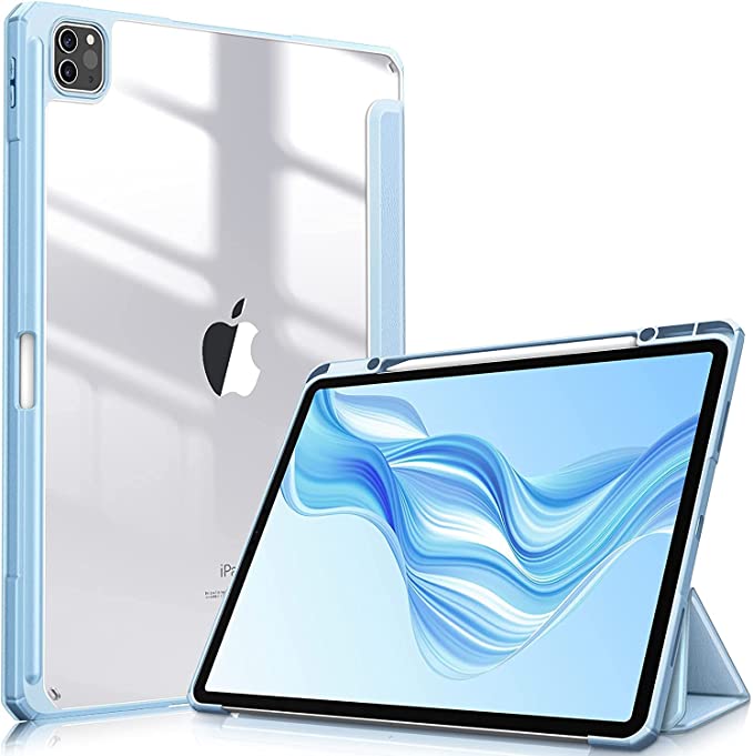 Glassology Hybrid Slim Case for iPad Pro 12.9-inch 6th Generation 2022, Built-in Pencil Holder Shockproof Cover w/Clear Transparent Back Shell +Screen Protector (blue)