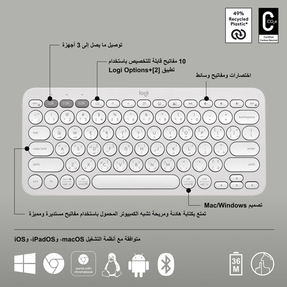 Logitech Pebble Keys 2 K380s, Multi-Device Bluetooth Wireless Keyboard with Customizable Shortcuts, Slim and Portable, Easy-Switch for Windows, macOS, iPadOS, Android, Chrome OS, US Intl Layout- White